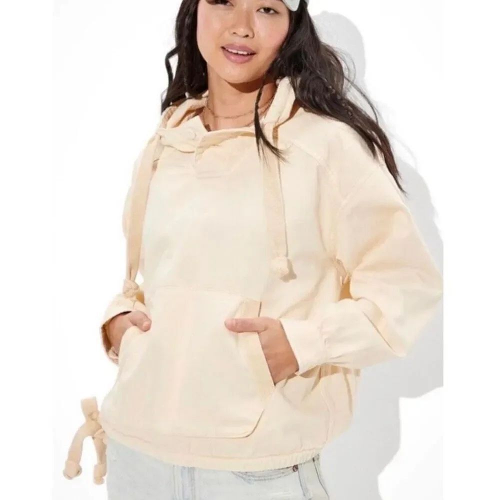 American Eagle cream cotton hooded pullover sweater size xs